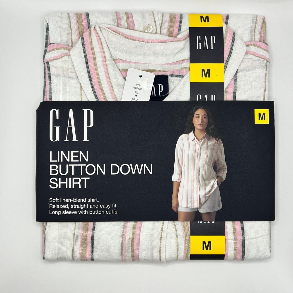 GAP Womens Linen Button Down Shirt Multi Color Striped Relaxed Fit Size M NEW - Picture 1 of 8